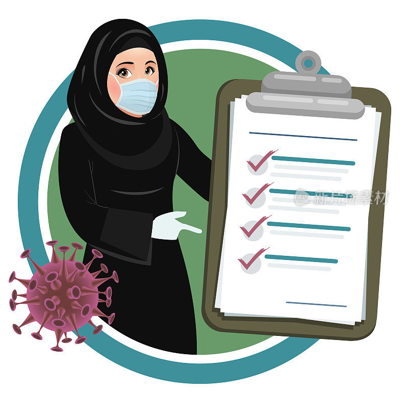 沙特妇女戴口罩防止冠状病毒感染传播。穿着希贾布的阿拉伯穆斯林女医生。冠状病毒防护说明。COVID 19。